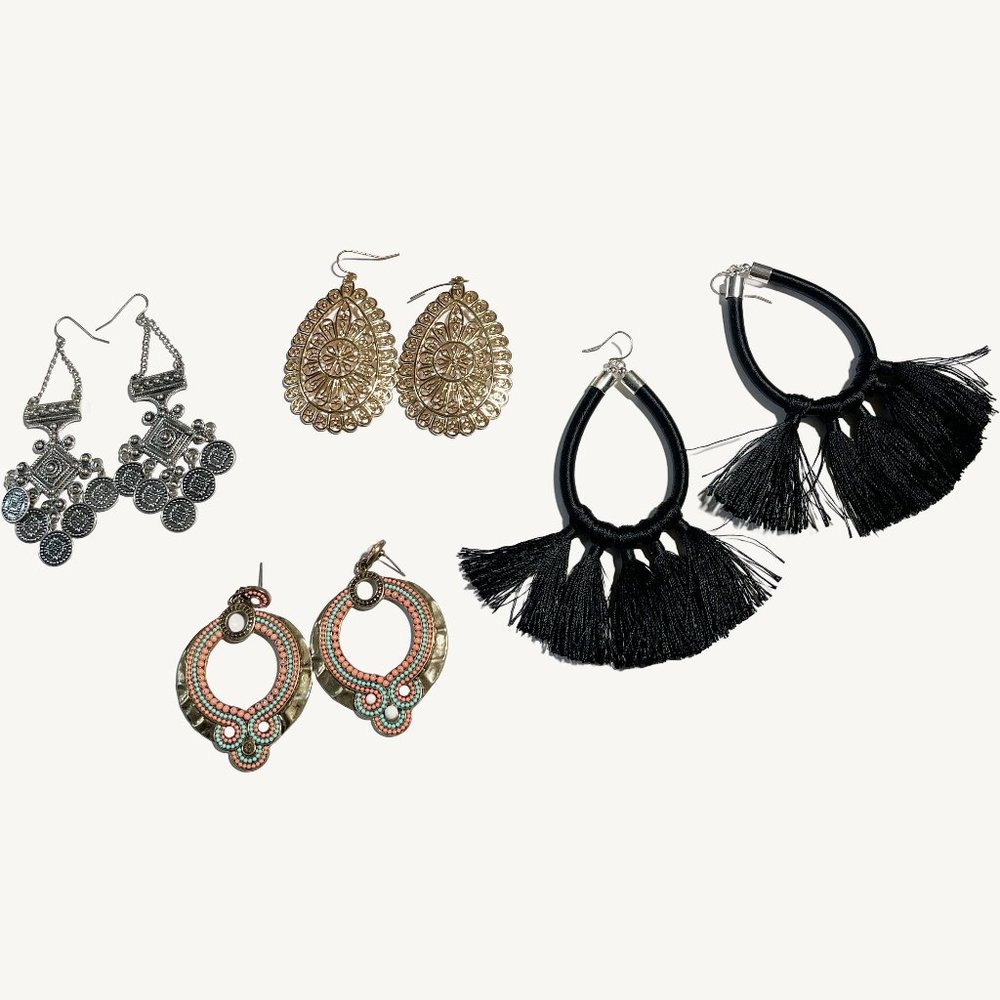 Bundle of 4 Bohemian Earrings, Black Tassel's, Silver and Gold Combination